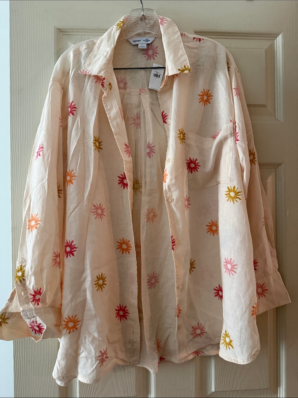 Old Navy Cream Button-Down Shirt with Multicolor Sunflower Embroidery